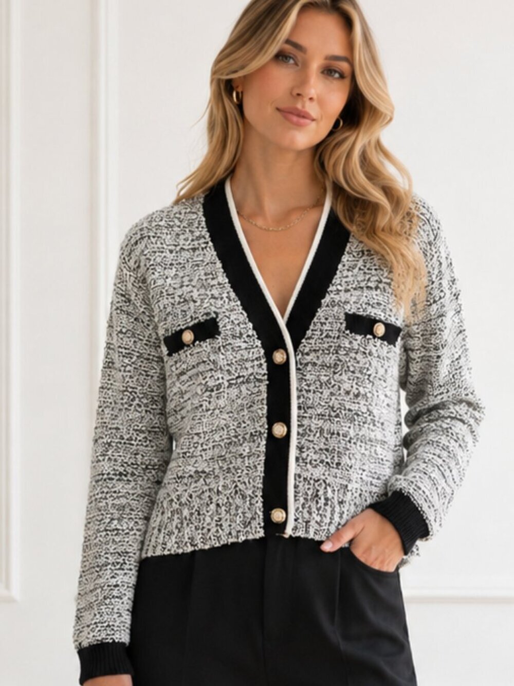 b+ab Tweed Bouclé Cardigan Jacket Black White Contrast Trim Gold Buttons
